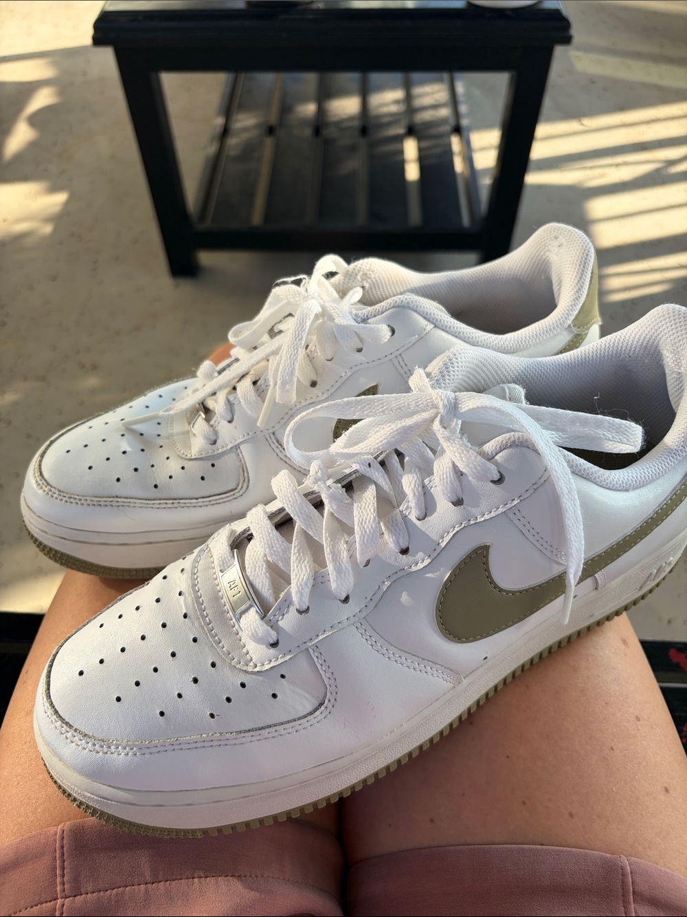 Nike Men's Air Force 1 ‘07 White Sneakers with Olive Swoosh